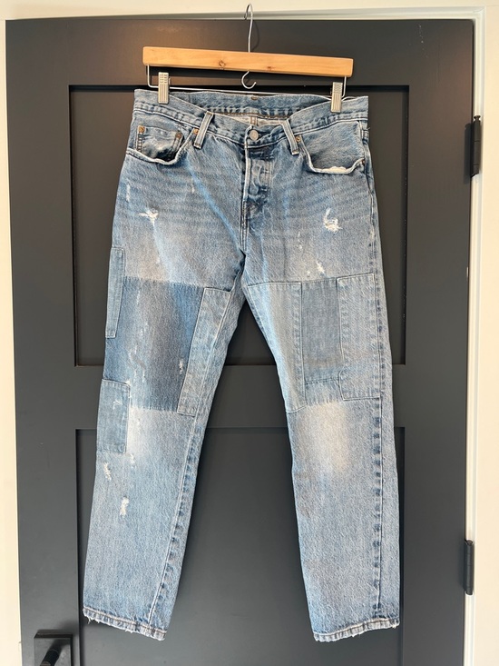 Levi's Denim - Levi's Light Blue Quilted Patchwork Baggy Straight Jeans 501CT
